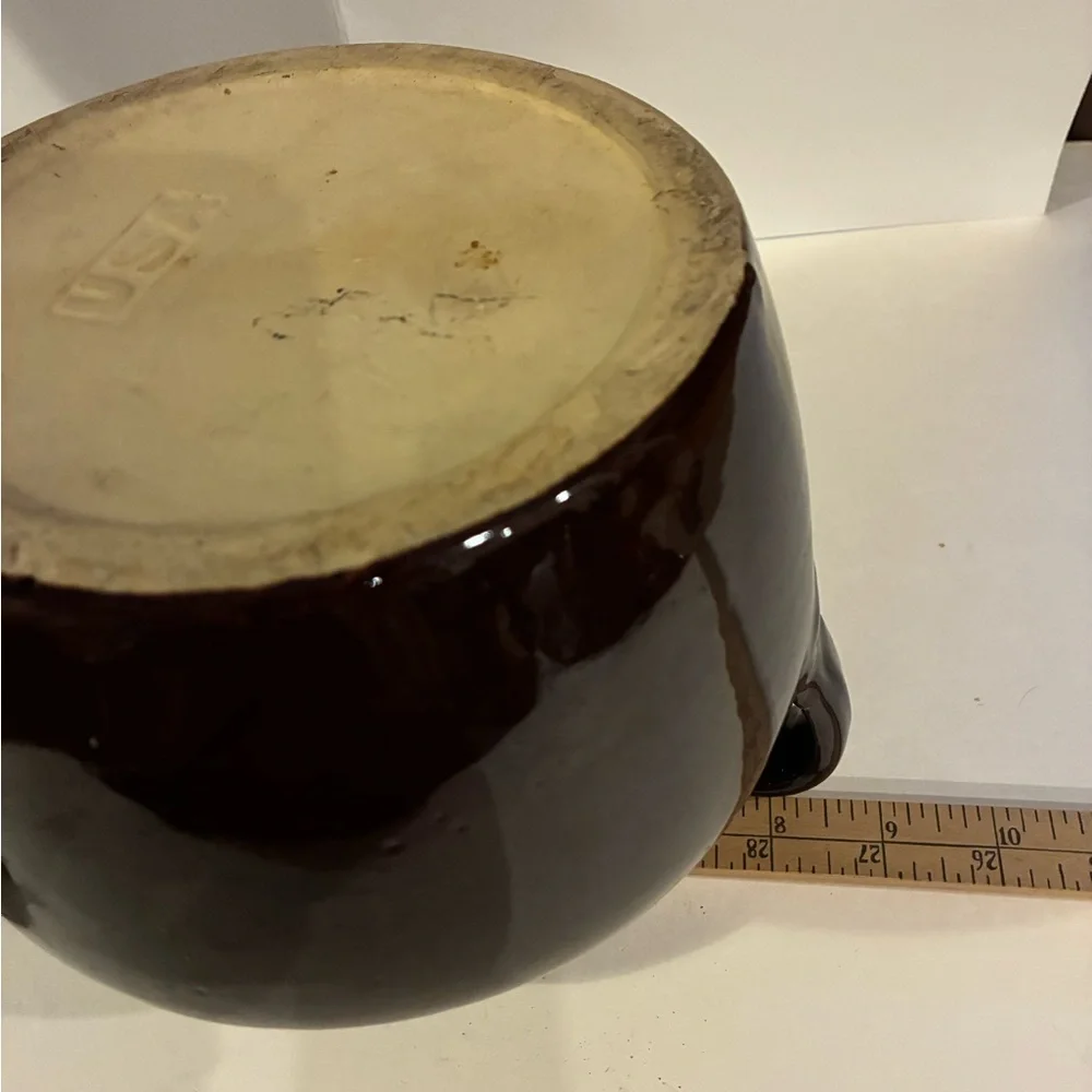 USA Pottery VTG Brown Glaze Bean Pot W/ Lid  Ceramic Soup Tureen Loop Handles